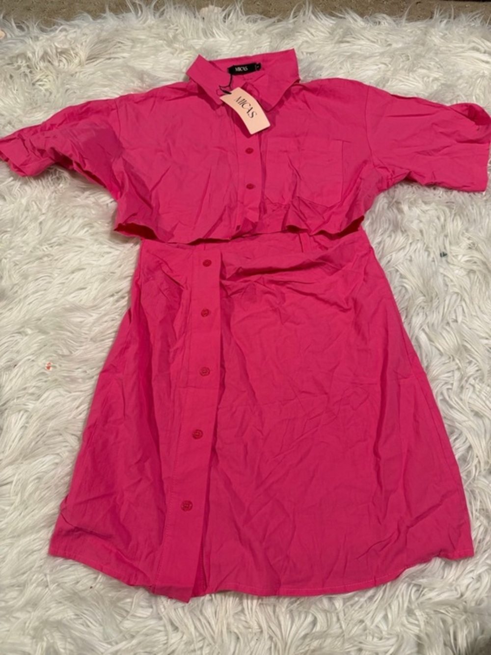 Micas 100% cotton pink button down shirt dress cut out short sleeve collared S